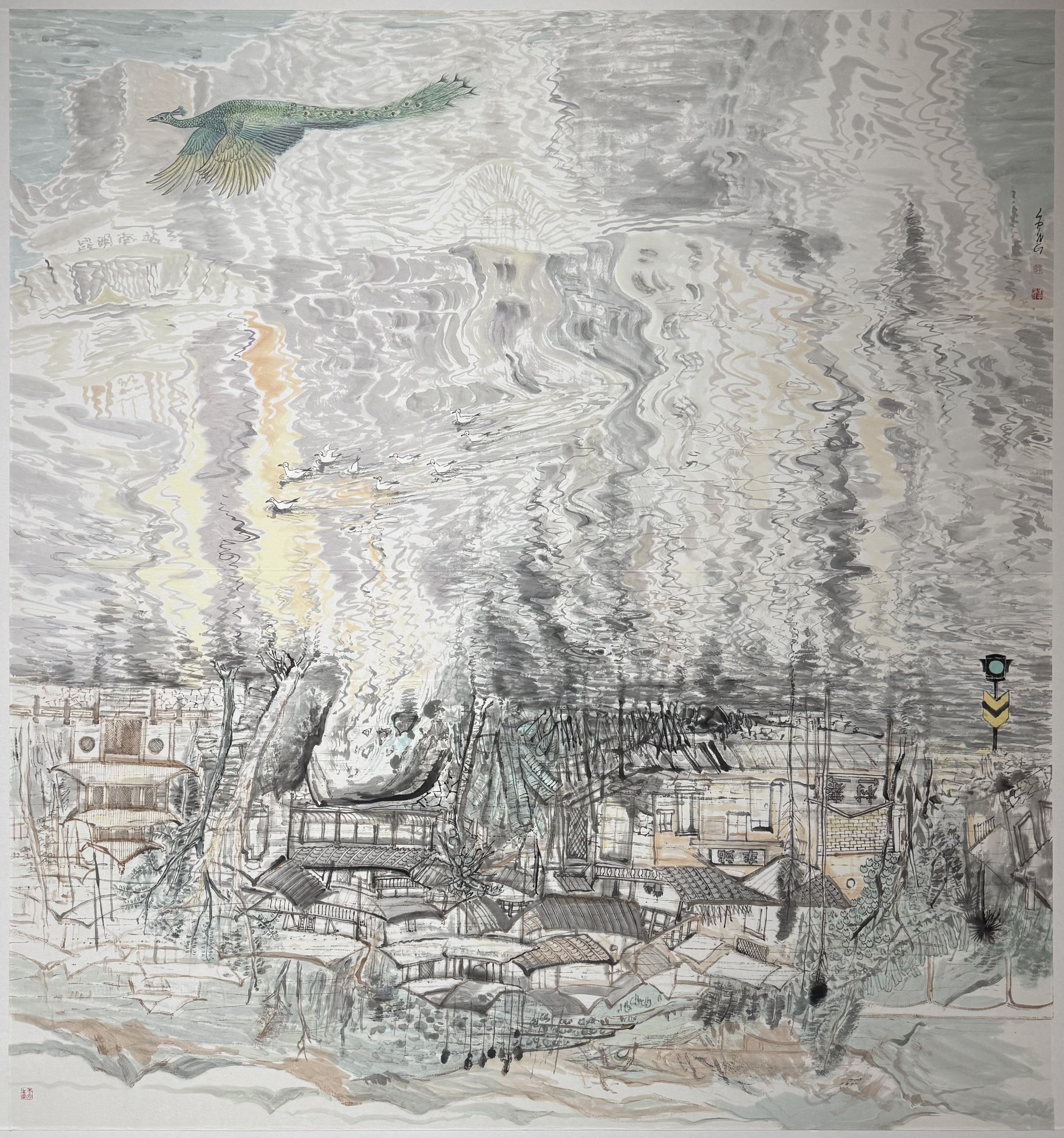 At the Kunming Art Biennale: an upside-down town, rippling water, and a peacock in flight