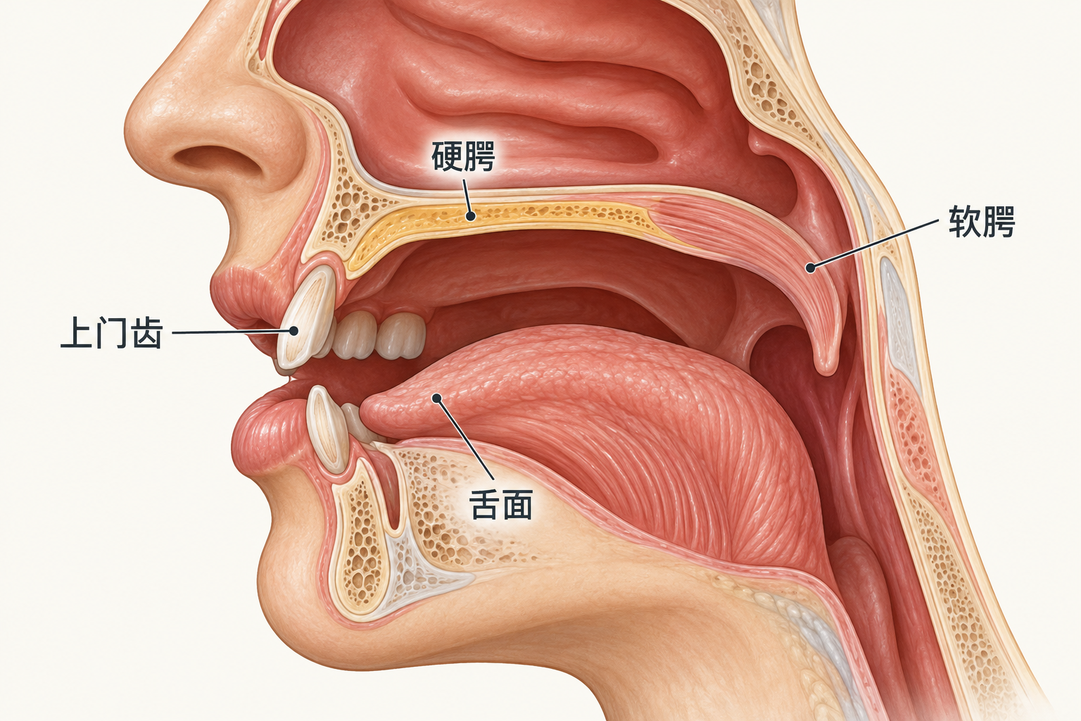 硬腭、软腭与舌面的位置示意